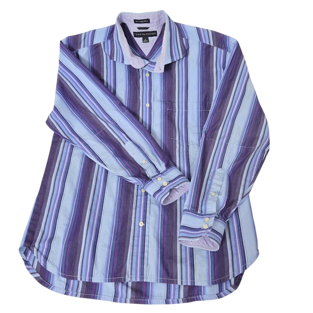 Tommy Hilfiger Shirt Men's M Blue Purpl Striped Long Sleeve Button Up 80's 2 Ply